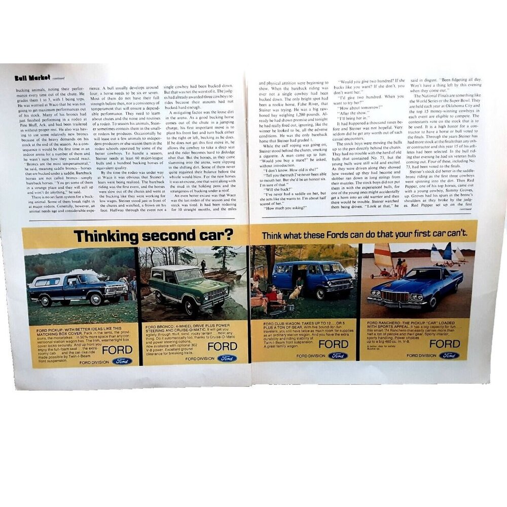 1974 Ford Bronco Ranchero Pickup Club Wagon Original Print Ad 70s